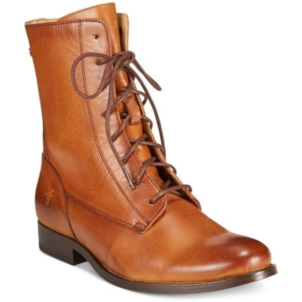 Frye Melissa Lace Up Cognac Leather Casual Streetwear Vintage Short Ankle Boot - Picture 2 of 16